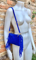 Small royal blue crossbody fringed bag. BOHO suede leather bag with FRINGES. Cobalt genuine suede leather. Royal blue suede purse