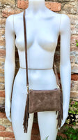 Small taupe brown crossbody fringed bag. BOHO suede leather bag with FRINGES. Greyge brown genuine suede leather. Tan suede purse.