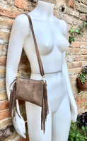 Small taupe brown crossbody fringed bag. BOHO suede leather bag with FRINGES. Greyge brown genuine suede leather. Tan suede purse.