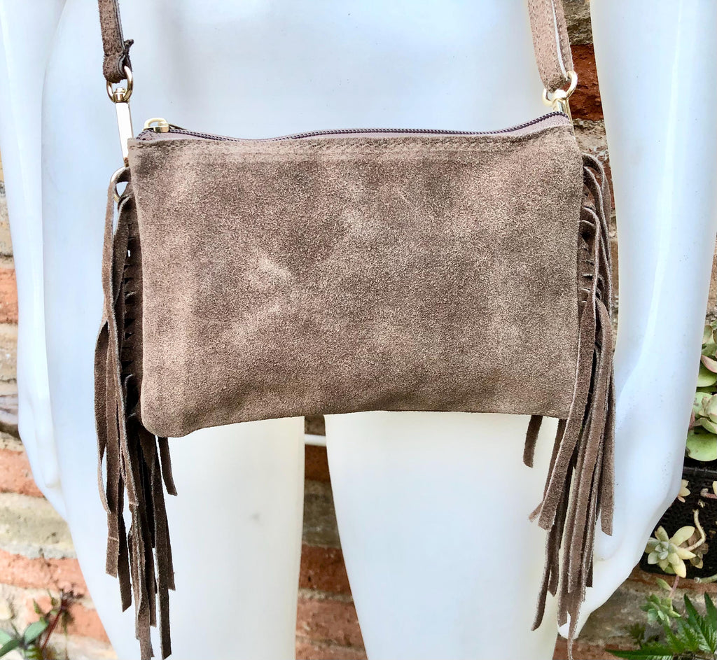 Small taupe brown crossbody fringed bag. BOHO suede leather bag with FRINGES. Greyge brown genuine suede leather. Tan suede purse.