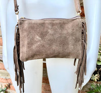 Small taupe brown crossbody fringed bag. BOHO suede leather bag with FRINGES. Greyge brown genuine suede leather. Tan suede purse.