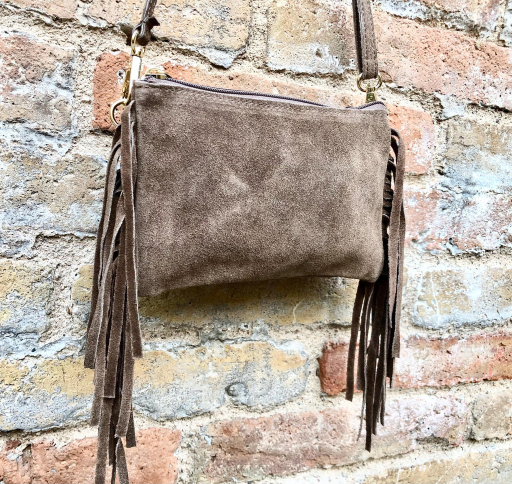 Small taupe brown crossbody fringed bag. BOHO suede leather bag with FRINGES. Greyge brown genuine suede leather. Tan suede purse.
