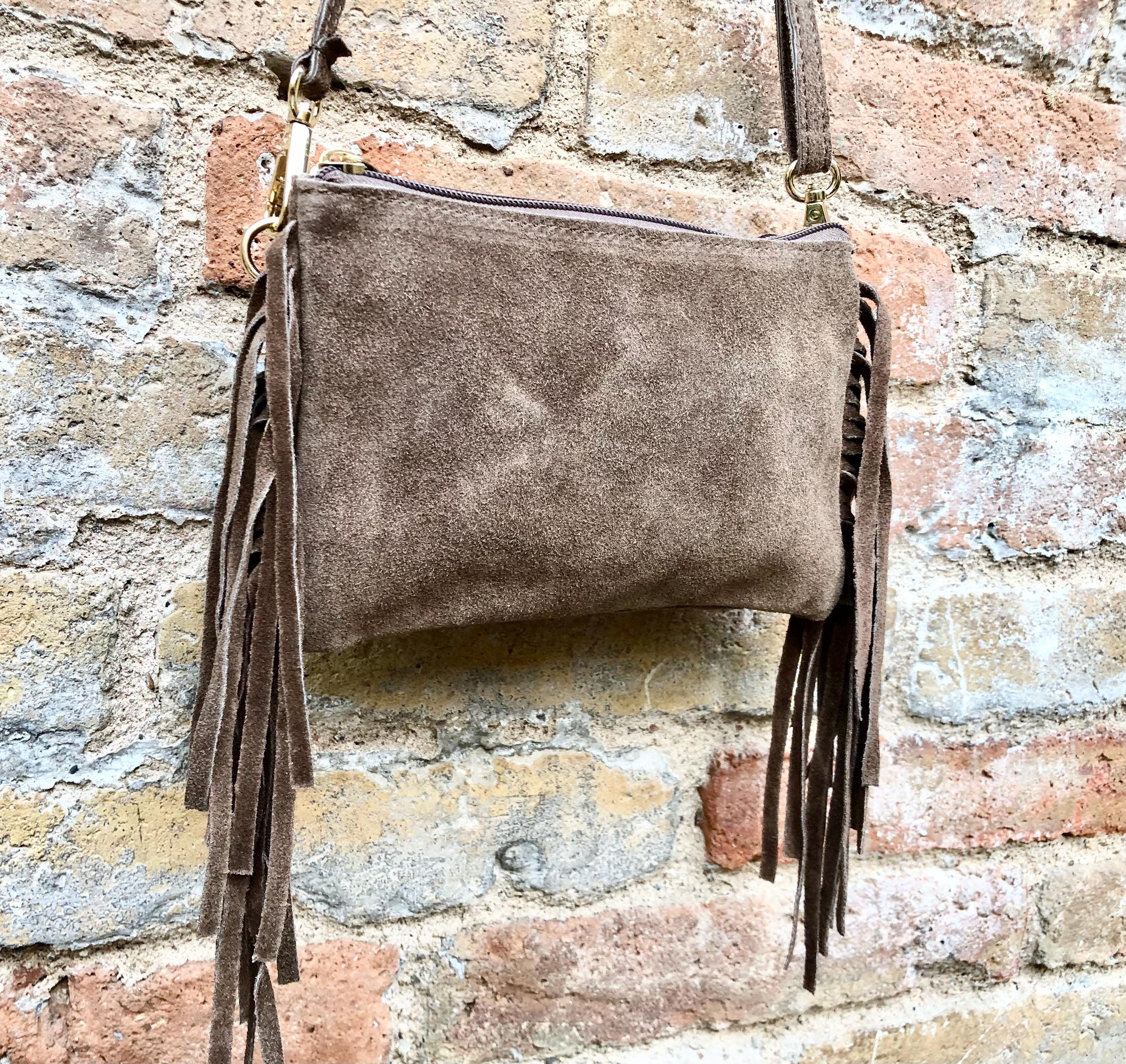 Small taupe brown crossbody fringed bag. BOHO suede leather bag with FRINGES. Greyge brown genuine suede leather. Tan suede purse.