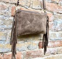 Small taupe brown crossbody fringed bag. BOHO suede leather bag with FRINGES. Greyge brown genuine suede leather. Tan suede purse.