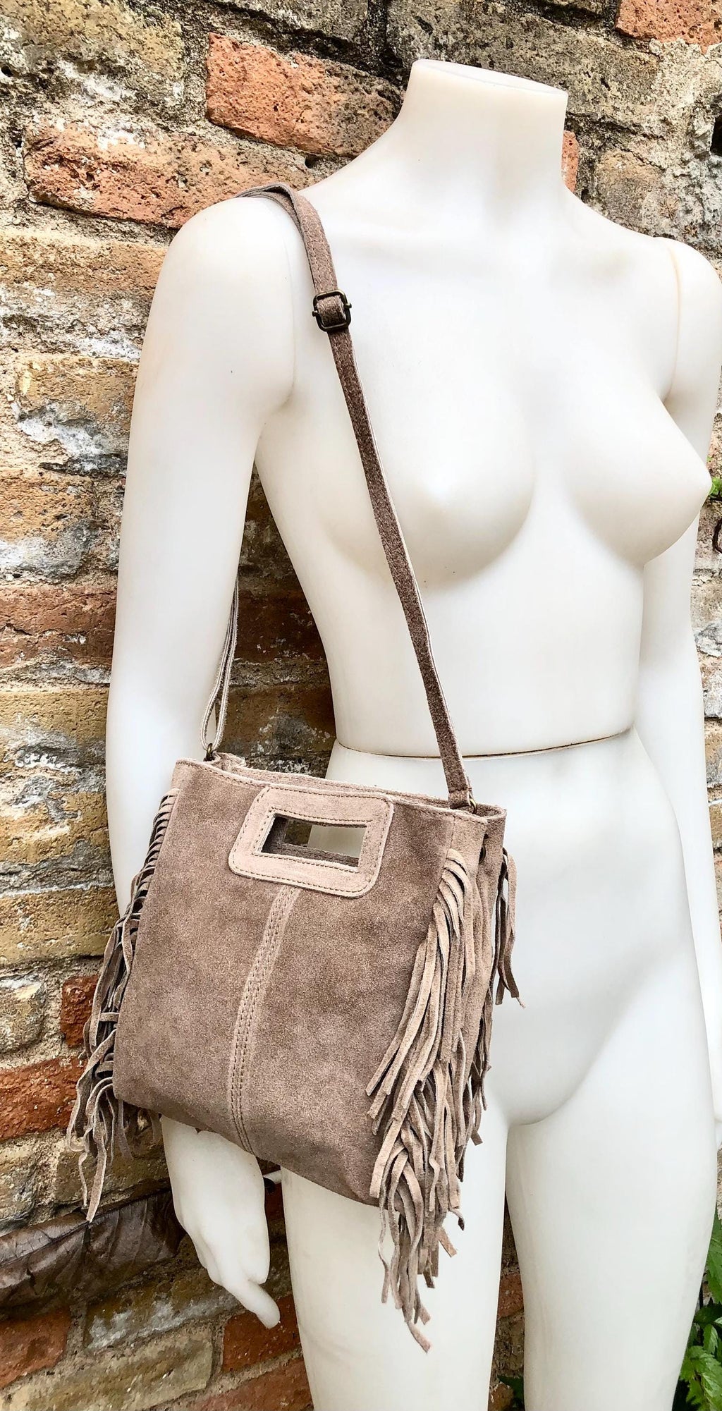 Taupe brown crossbody fringed bag. BOHO suede leather bag with FRINGES. Greyge brown genuine suede leather. Light grey-brown suede purse.