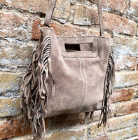 Taupe brown crossbody fringed bag. BOHO suede leather bag with FRINGES. Greyge brown genuine suede leather. Light grey-brown suede purse.