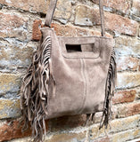 Taupe brown crossbody fringed bag. BOHO suede leather bag with FRINGES. Greyge brown genuine suede leather. Light grey-brown suede purse.