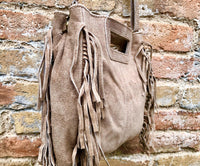 Taupe brown crossbody fringed bag. BOHO suede leather bag with FRINGES. Greyge brown genuine suede leather. Light grey-brown suede purse.