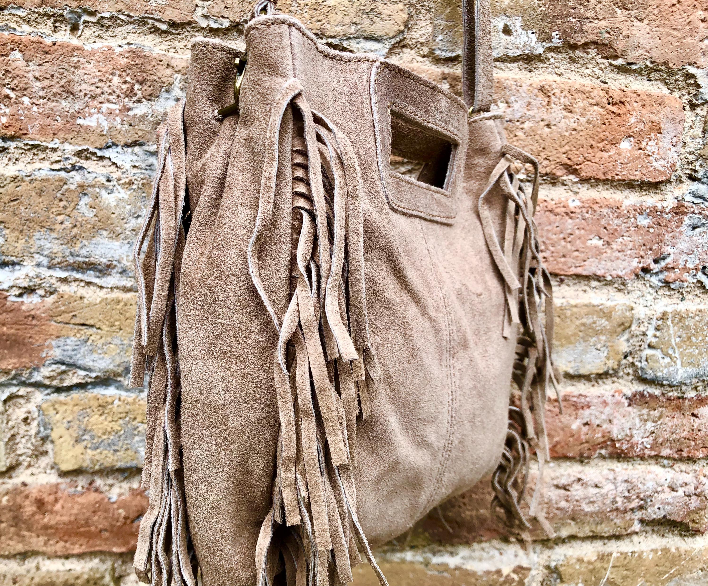 Taupe brown crossbody fringed bag. BOHO suede leather bag with FRINGES. Greyge brown genuine suede leather. Light grey-brown suede purse.