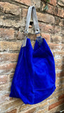 Slouch leather bag in cobalt BLUE genuine leather. Soft suede hobo bag for books / tablets. Blue soft leather shopper. Silver strap