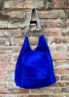 Slouch leather bag in cobalt BLUE genuine leather. Soft suede hobo bag for books / tablets. Blue soft leather shopper. Silver strap