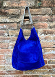 Slouch leather bag in cobalt BLUE genuine leather. Soft suede hobo bag for books / tablets. Blue soft leather shopper. Silver strap