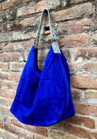 Slouch leather bag in cobalt BLUE genuine leather. Soft suede hobo bag for books / tablets. Blue soft leather shopper. Silver strap
