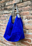 Slouch leather bag in cobalt BLUE genuine leather. Soft suede hobo bag for books / tablets. Blue soft leather shopper. Silver strap