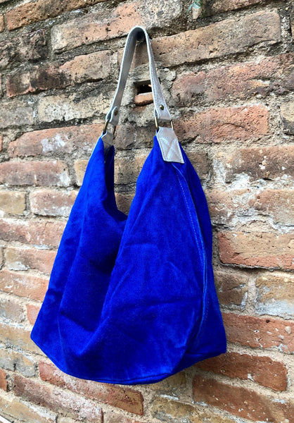 Slouch leather bag in cobalt BLUE genuine leather. Soft suede hobo bag for books / tablets. Blue soft leather shopper. Silver strap