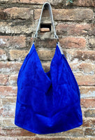 Slouch leather bag in cobalt BLUE genuine leather. Soft suede hobo bag for books / tablets. Blue soft leather shopper. Silver strap