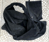Slouch leather bag in BLACK suede . Large shoulder bag in genuine leather. Suede origami bag . Black suede shopper bag. Black leather purse