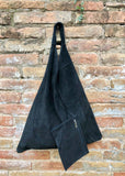 Slouch leather bag in BLACK suede . Large shoulder bag in genuine leather. Suede origami bag . Black suede shopper bag. Black leather purse