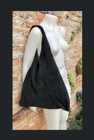 Slouch leather bag in BLACK suede . Large shoulder bag in genuine leather. Suede origami bag . Black suede shopper bag. Black leather purse