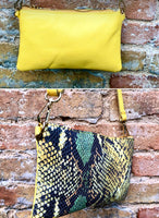 2 sided yellow + snake print leather bag. Crossbody / shoulder bag in GENUINE leather. Small yellow purse. Yellow, black, green animal print
