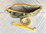 2 sided yellow + snake print leather bag. Crossbody / shoulder bag in GENUINE leather. Small yellow purse. Yellow, black, green animal print