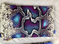 2 sided purple + snake print leather bag. GENUINE leather crossbody / shoulder bag. Small purple purse. Purple, hot pink, black animal print