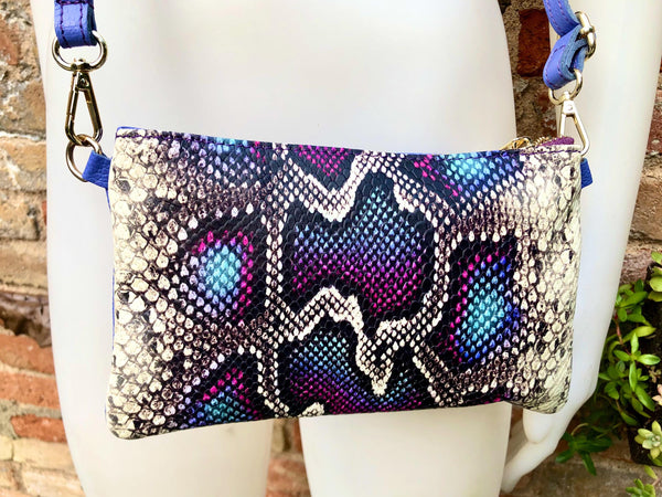 2 sided purple + snake print leather bag. GENUINE leather crossbody / shoulder bag. Small purple purse. Purple, hot pink, black animal print