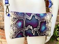 2 sided purple + snake print leather bag. GENUINE leather crossbody / shoulder bag. Small purple purse. Purple, hot pink, black animal print