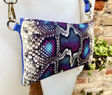 2 sided purple + snake print leather bag. GENUINE leather crossbody / shoulder bag. Small purple purse. Purple, hot pink, black animal print
