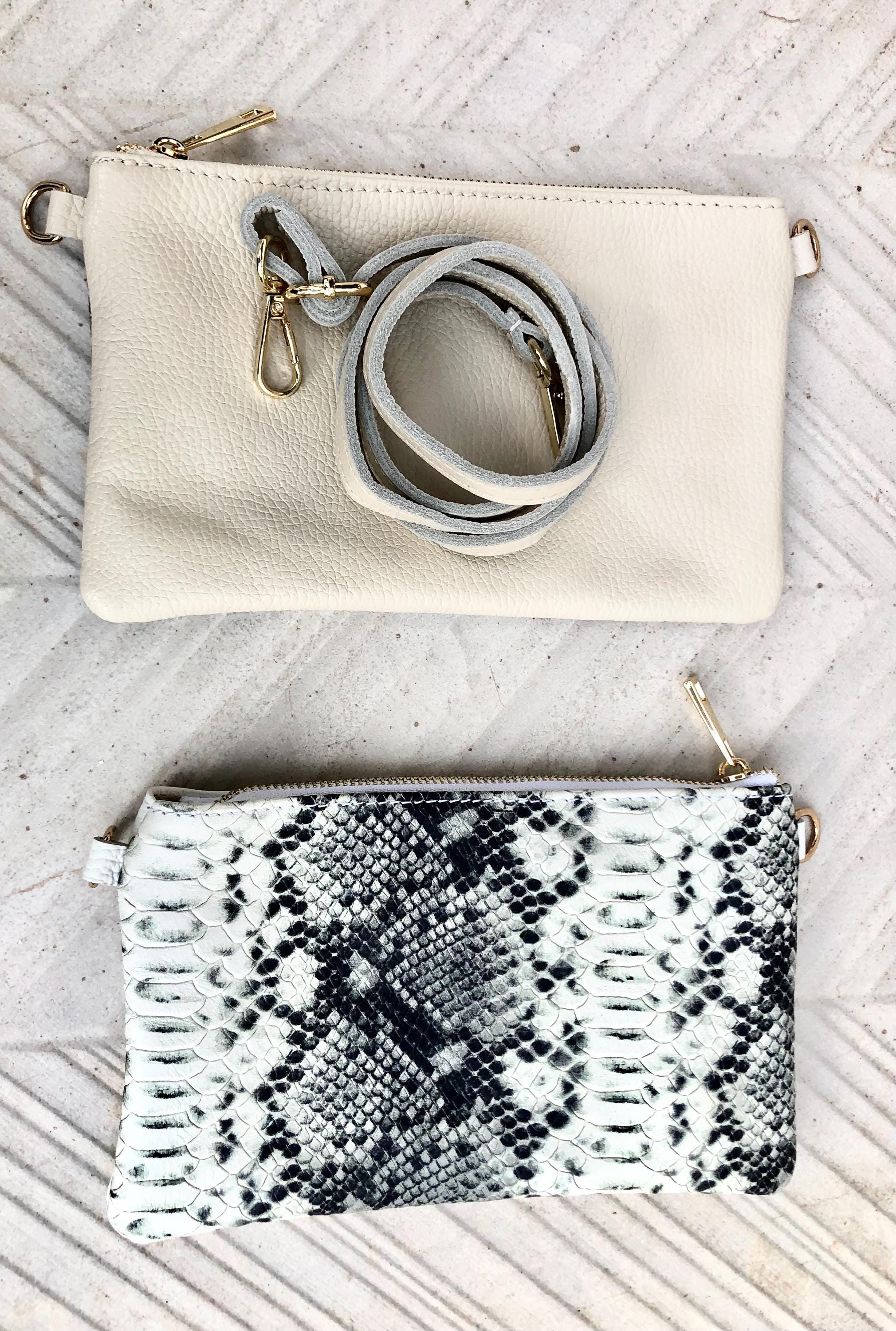 2 sided white /cream + snake print leather bag. GENUINE leather crossbody / shoulder bag. Small purse. White, cream, black animal print