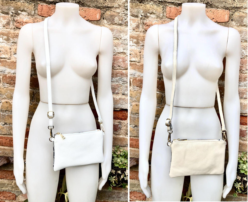 2 sided white /cream + snake print leather bag. GENUINE leather crossbody / shoulder bag. Small purse. White, cream, black animal print
