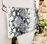 2 sided white /cream + snake print leather bag. GENUINE leather crossbody / shoulder bag. Small purse. White, cream, black animal print