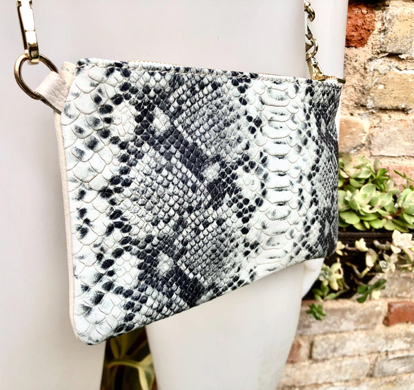 2 sided white /cream + snake print leather bag. GENUINE leather crossbody / shoulder bag. Small purse. White, cream, black animal print