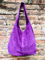 PURPLE slouch leather bag. Shoulder bag made with soft natural suede. Boho suede leather shopper + ZIPPER. Carry all bag for books, tablets
