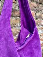 PURPLE slouch leather bag. Shoulder bag made with soft natural suede. Boho suede leather shopper + ZIPPER. Carry all bag for books, tablets