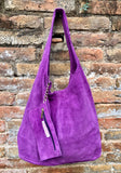 PURPLE slouch leather bag. Shoulder bag made with soft natural suede. Boho suede leather shopper + ZIPPER. Carry all bag for books, tablets