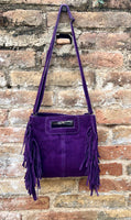PURPLE crossbody fringed bag. Purple BOHO suede leather bag with FRINGES. Purple soft genuine suede leather. Purple suede purse.