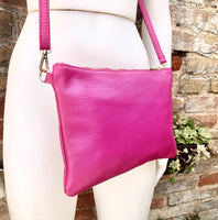 Small leather bag in Fuchsia pink. Cross body, shoulder bag or wristlet in GENUINE leather. Pink purse with adjustable strap. Soft leather.