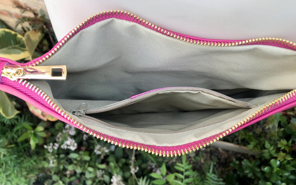 Small leather bag in Fuchsia pink. Cross body, shoulder bag or wristlet in GENUINE leather. Pink purse with adjustable strap. Soft leather.