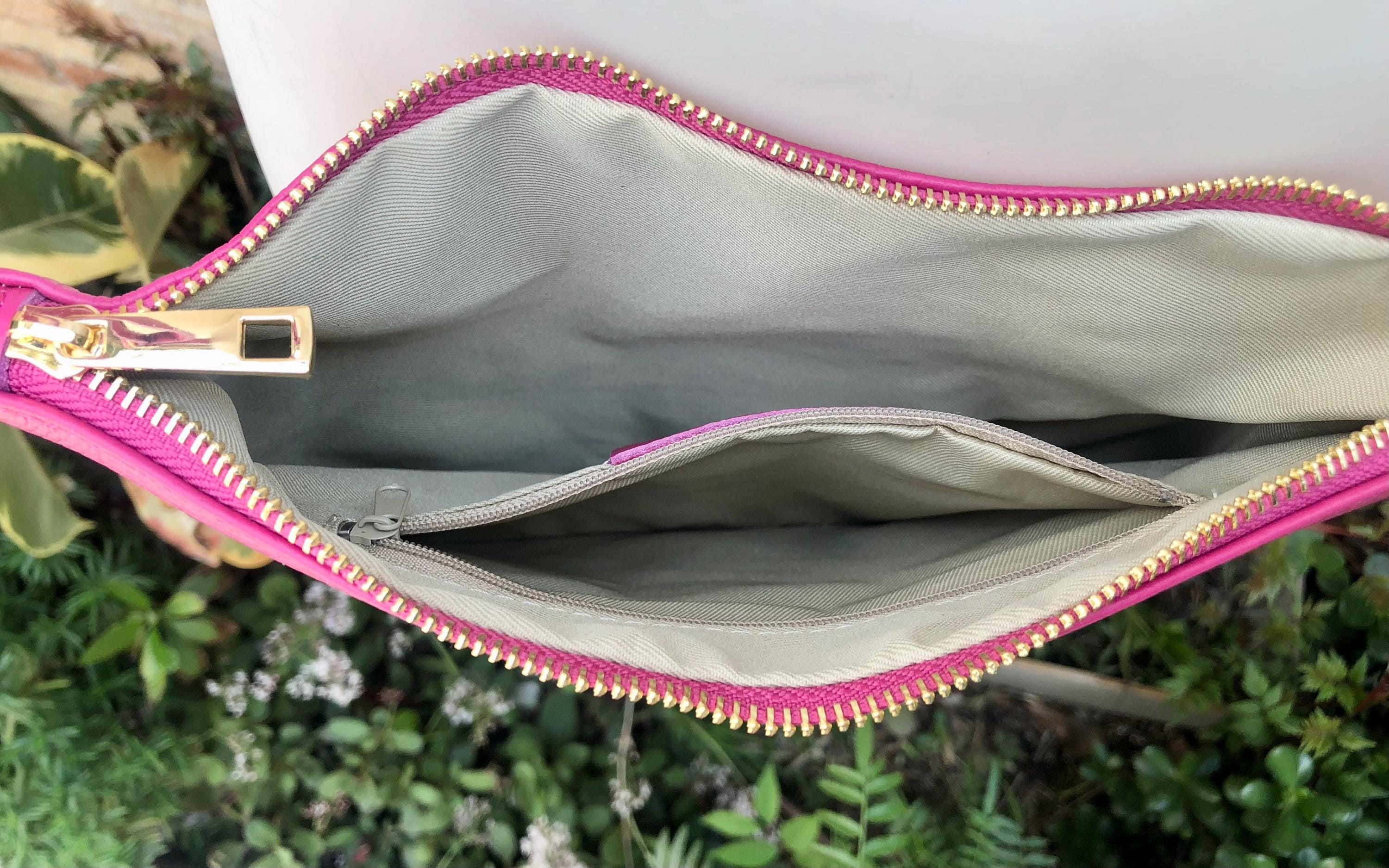 Small leather bag in Fuchsia pink. Cross body, shoulder bag or wristlet in GENUINE leather. Pink purse with adjustable strap. Soft leather.