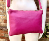 Small leather bag in Fuchsia pink. Cross body, shoulder bag or wristlet in GENUINE leather. Pink purse with adjustable strap. Soft leather.