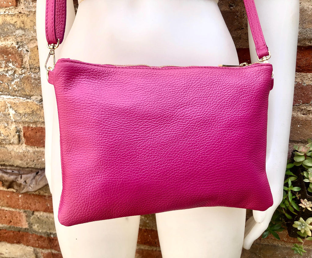 Small leather bag in Fuchsia pink. Cross body, shoulder bag or wristlet in GENUINE leather. Pink purse with adjustable strap. Soft leather.