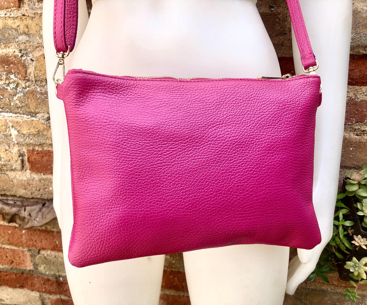 Small leather bag in Fuchsia pink. Cross body, shoulder bag or wristlet in GENUINE leather. Pink purse with adjustable strap. Soft leather.