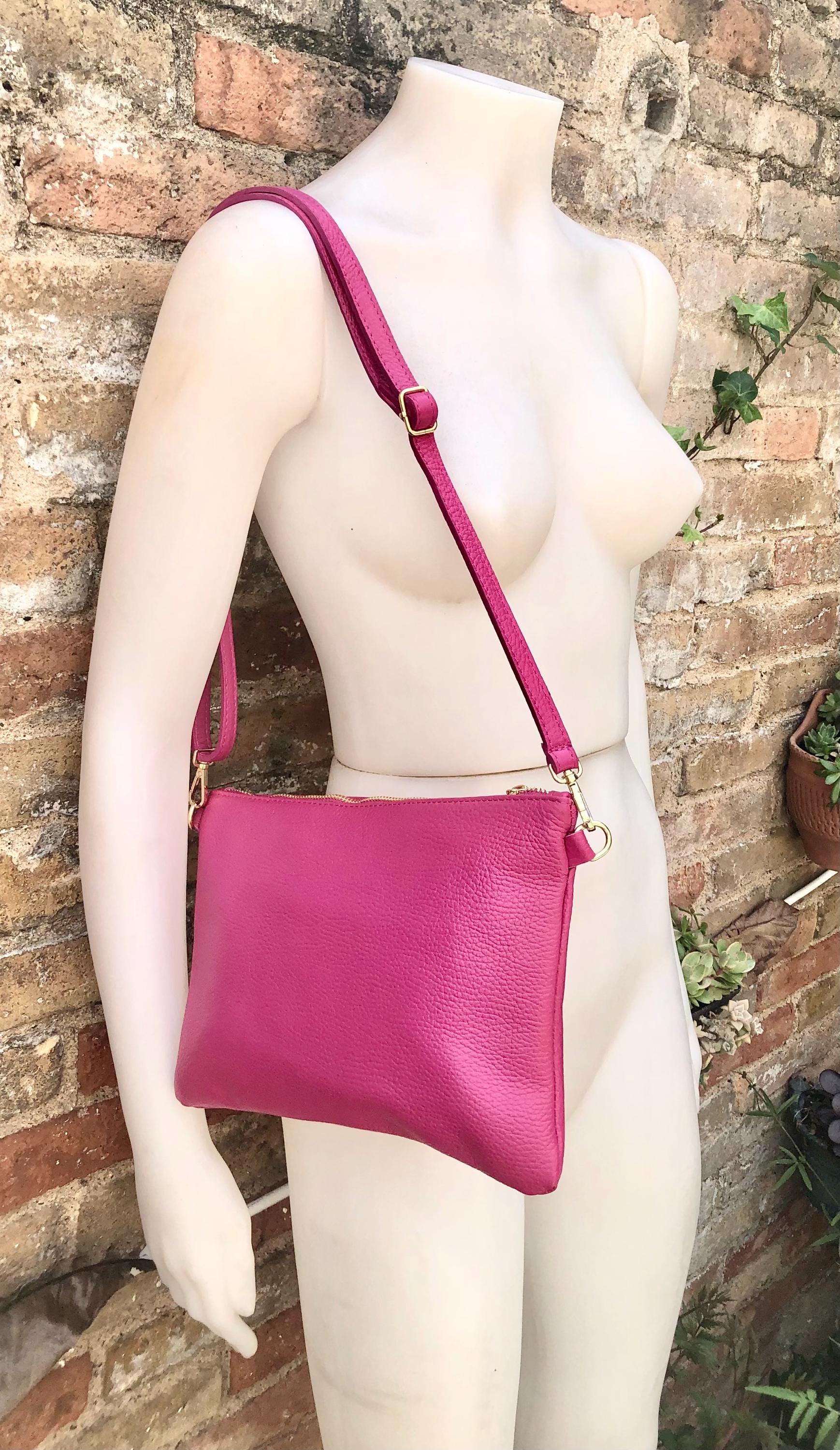 Small leather bag in Fuchsia pink. Cross body, shoulder bag or wristlet in GENUINE leather. Pink purse with adjustable strap. Soft leather.