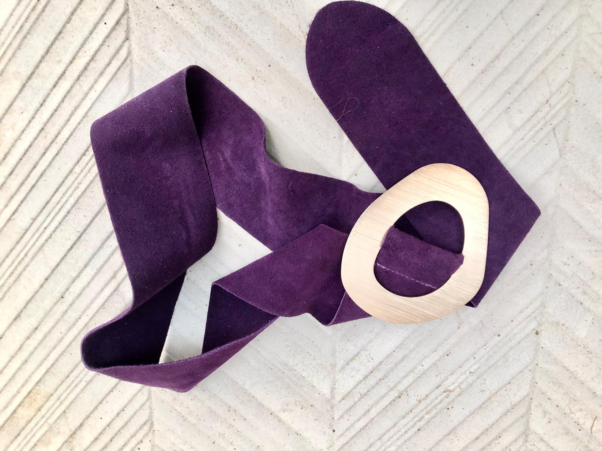 PURPLE suede leather waist belt with gold color large buckle. Boho genuine soft suede leather belt. Purple wide dress or overall belt.