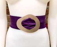 PURPLE suede leather waist belt with gold color large buckle. Boho genuine soft suede leather belt. Purple wide dress or overall belt.