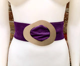 PURPLE suede leather waist belt with gold color large buckle. Boho genuine soft suede leather belt. Purple wide dress or overall belt.