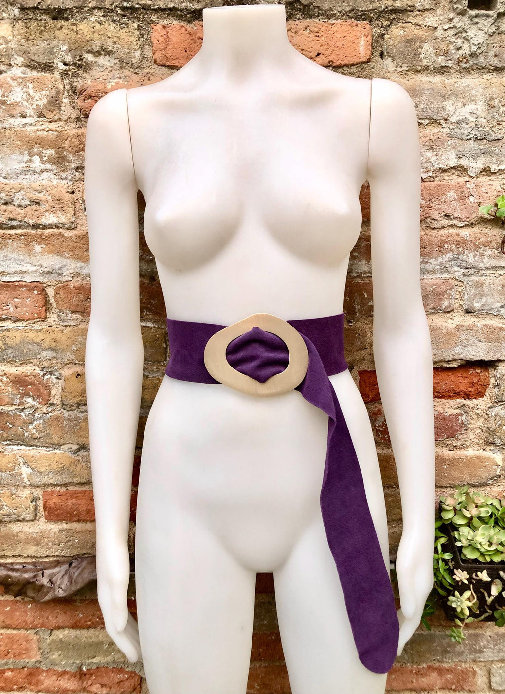 PURPLE suede leather waist belt with gold color large buckle. Boho genuine soft suede leather belt. Purple wide dress or overall belt.