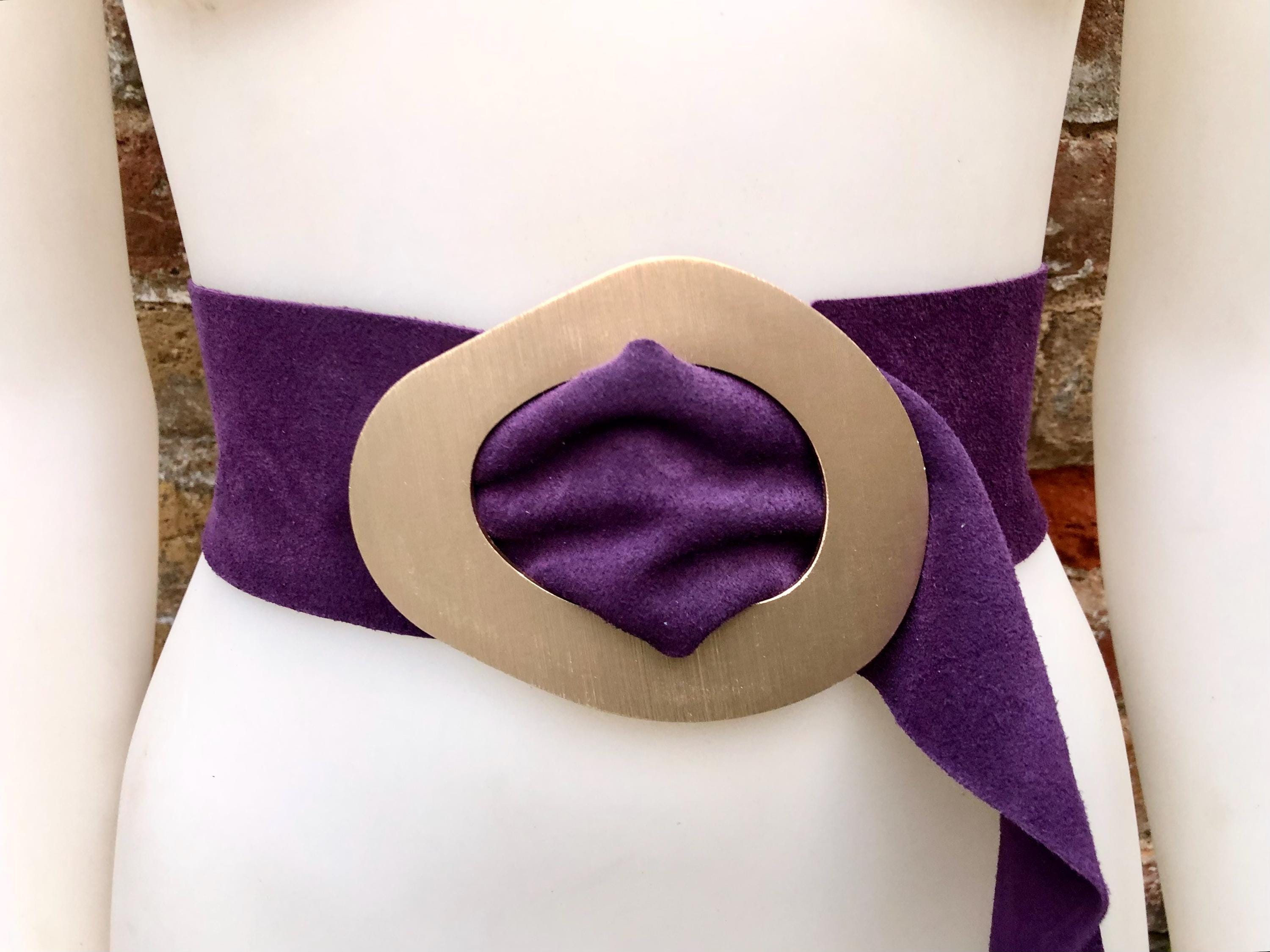 PURPLE suede leather waist belt with gold color large buckle. Boho genuine soft suede leather belt. Purple wide dress or overall belt.