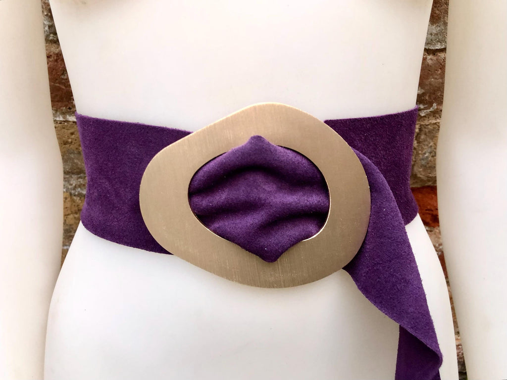 PURPLE suede leather waist belt with gold color large buckle. Boho genuine soft suede leather belt. Purple wide dress or overall belt.